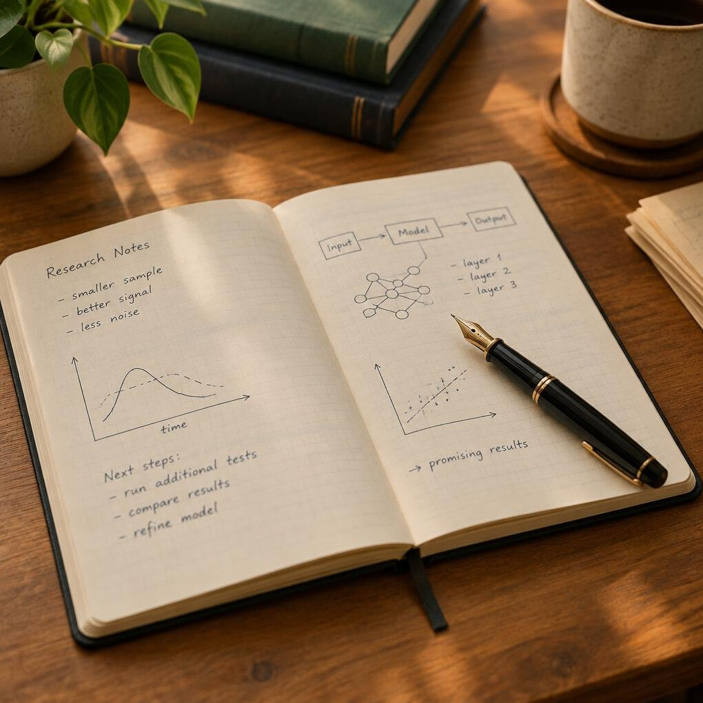 Open notebook with handwritten notes and a pen