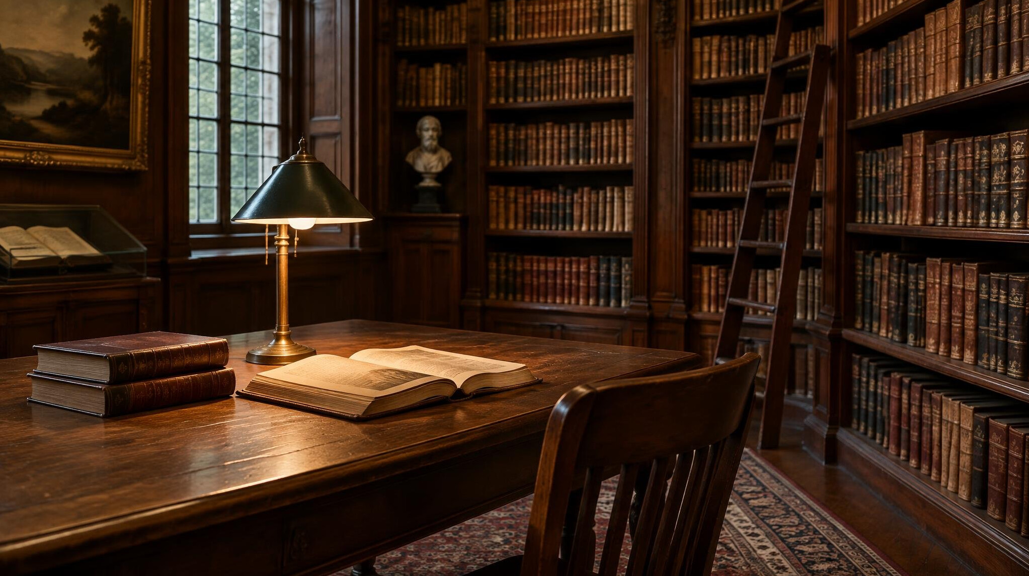 Wooden reading room with shelves full of books